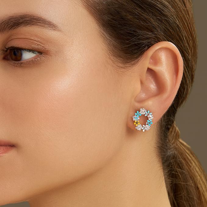 Elegant 925 Silver Floral Hoop Earrings – Multi-color Stones
