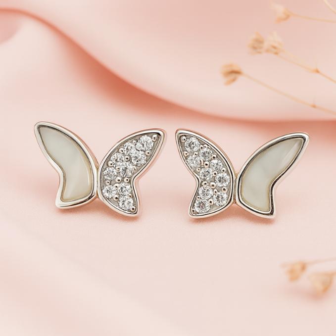 Elegant 925 Silver Butterfly Stud Earrings With Pearl & Cz Stones