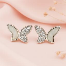 Elegant 925 Silver Butterfly Stud Earrings With Pearl & Cz Stones thumbnail 1