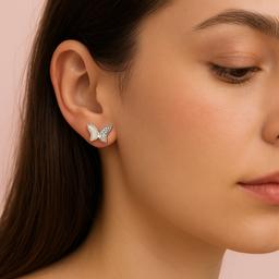 Elegant 925 Silver Butterfly Stud Earrings With Pearl & Cz Stones thumbnail 2