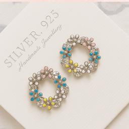 Elegant 925 Silver Floral Hoop Earrings – Multi-color Stones thumbnail 5