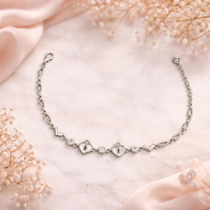 925 Silver Heart Lock Charm Bracelet — 925 silver, image 1
