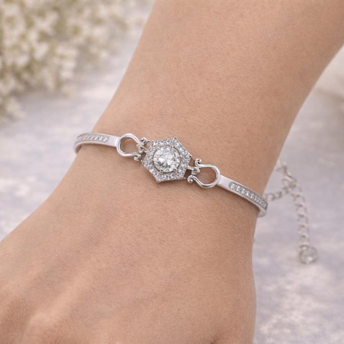 Elegant Hexagon Crystal 925 Silver Bracelet ✨ — 925 silver, image 1
