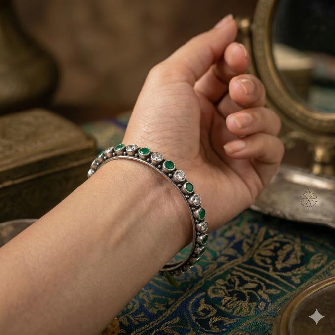Oxidised Silver Emerald Green Stone Studded Kada Bangle