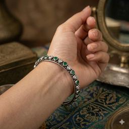 Oxidised Silver Emerald Green Stone Studded Kada Bangle thumbnail 1