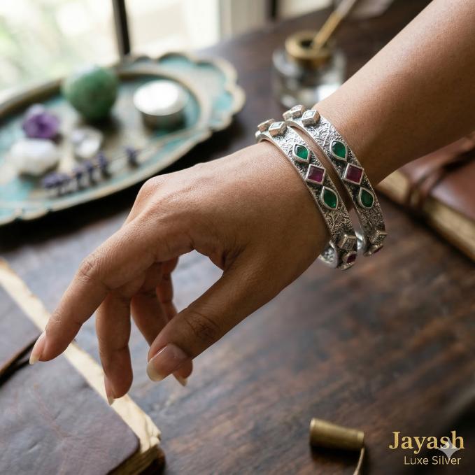 Oxidised Silver Multi-stone Geometric Kada Bangle