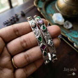 Oxidised Silver Multi-stone Geometric Kada Bangle thumbnail 2