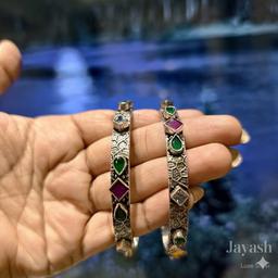 Oxidised Silver Multi-stone Geometric Kada Bangle thumbnail 4