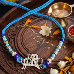 Bro Pure 925 Sterling Silver Rakhi On Blue Silk Thread thumbnail 1