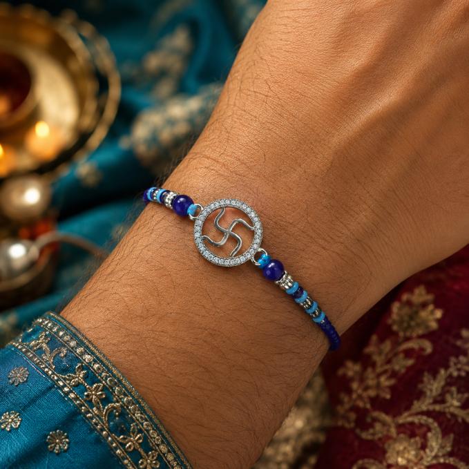 Auspicious Swastik Pure 925 Sterling Silver Rakhi — 925 silver, image 1