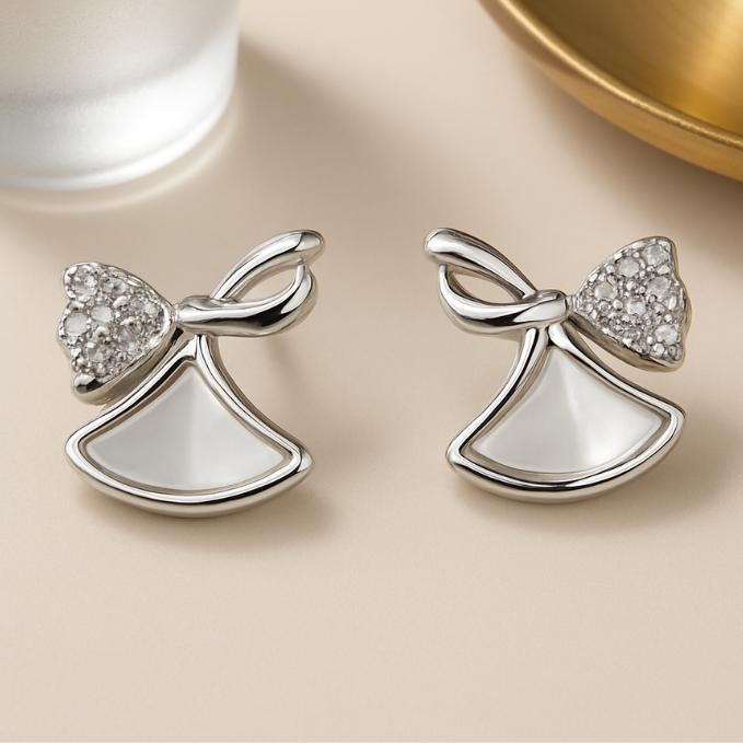 Elegant Angel Bow Silver Earrings With Pearl Inlay — 925 silver, image 1
