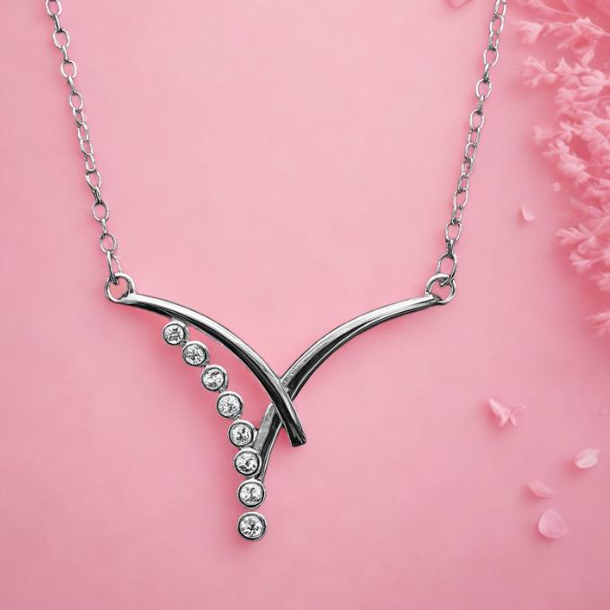 Elegant Sterling Silver V-shaped Necklace With Crystals