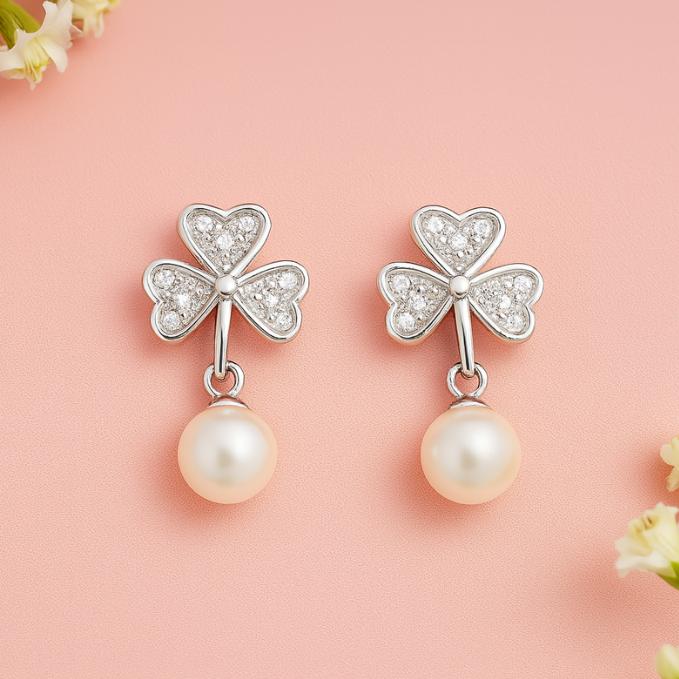 Elegant Clover Pearl Drop Earrings In Sterling Silver — 925 silver, image 1
