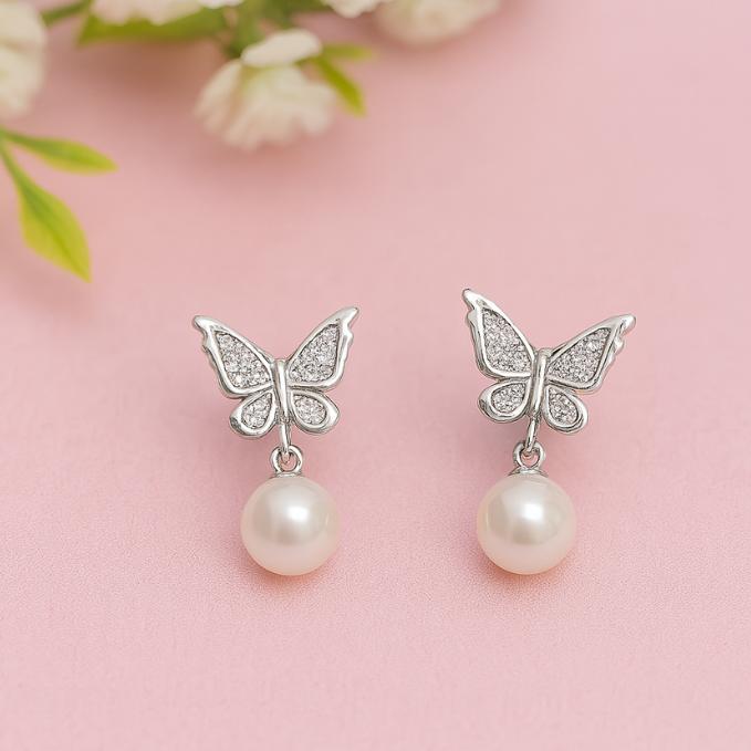 Elegant Butterfly Pearl Drop Earrings – 925 Silver — 925 silver, image 1
