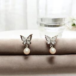 Elegant Butterfly Pearl Drop Earrings – 925 Silver thumbnail 3