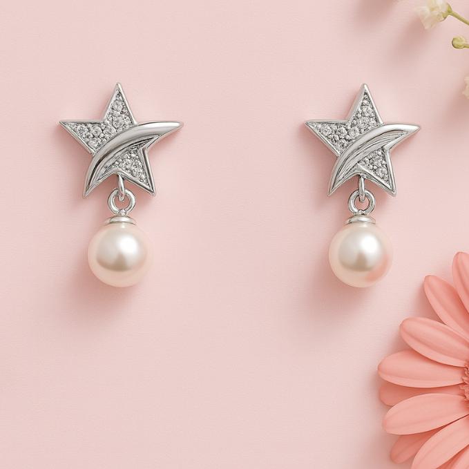 Floral 925 Silver Pearl Drop Earrings — 925 silver, image 1