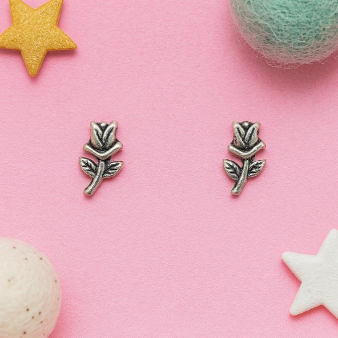 925 Oxidised Silver Rose Stud Earrings – Unisex Floral Charm