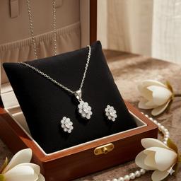 Elegant Silver Necklace And Earring Set With Sparkling Floral Design thumbnail 1