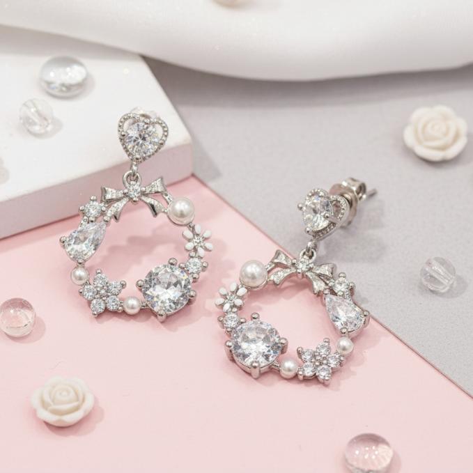 Elegant Bow & Crystal Floral Wreath Design Dangle Earrings