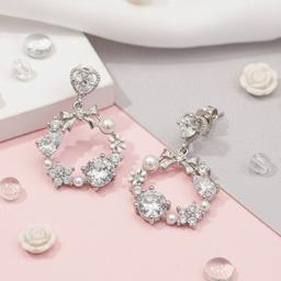 Elegant Bow & Crystal Floral Wreath Design Dangle Earrings thumbnail 1