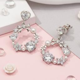 Elegant Bow & Crystal Floral Wreath Design Dangle Earrings thumbnail 4