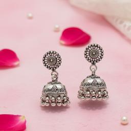 Oxidised Silver Dome Jhumka Earrings With Sunburst Studs thumbnail 2