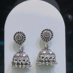 Oxidised Silver Dome Jhumka Earrings With Sunburst Studs thumbnail 3