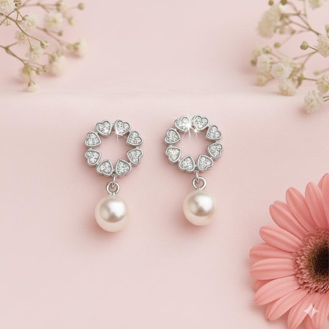 Elegant 925 Silver Heart Cz Pearl Drop Earrings — 925 silver, image 1