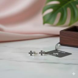 925 Oxidised Silver Cross Stud Earrings – Unisex Vintage Statement thumbnail 2