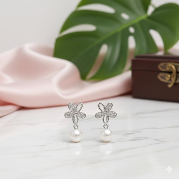 Elegant Four-petal 925 Silver Pearl Drop Earrings — 925 silver, image 1