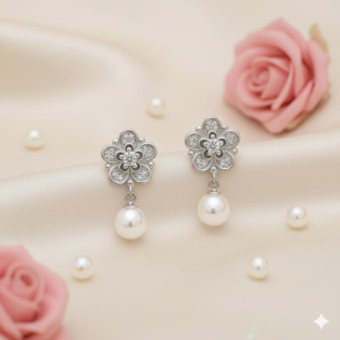 Elegant Floral 925 Silver Earrings With Dangling Pearl — 925 silver, image 1