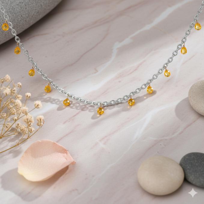 925 Sterling Silver Chain With Citrine Crystal Drops — 925 silver, image 1