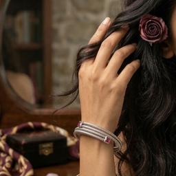 Twisted Oxidised Silver Kada With Ruby-tone Stones thumbnail 1