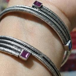 Twisted Oxidised Silver Kada With Ruby-tone Stones thumbnail 5