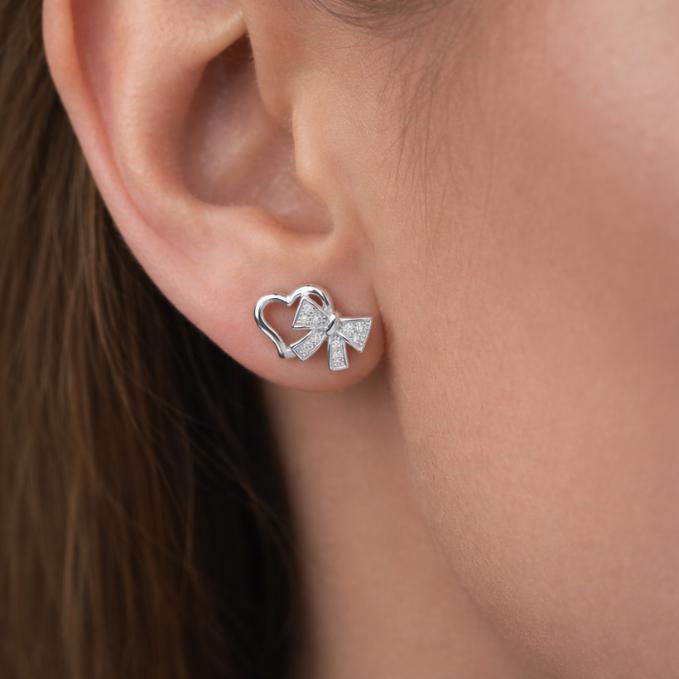 Minimal Heart Bow Diamond Accent Stud Earrings — 925 silver, image 1